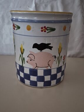 Vintage Ceramic Pig & Crow Utensil Holder - White with Pink and Blue Accent